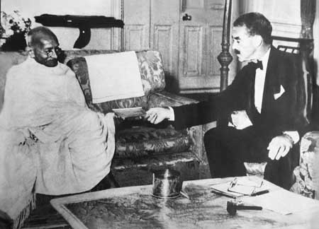 Gandhiji meeting Mr. R. G. Casey in the year 1945 being his day of silence. He gave a written reply to the Bengal Governor's questions.jpg